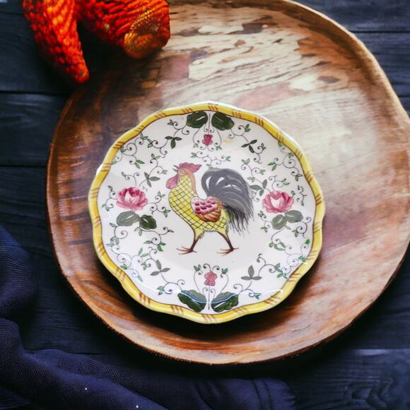 Early Provincial Rooster & Roses Pedestal Platter 1950's Handpainted Japan - Picture 4 of 4